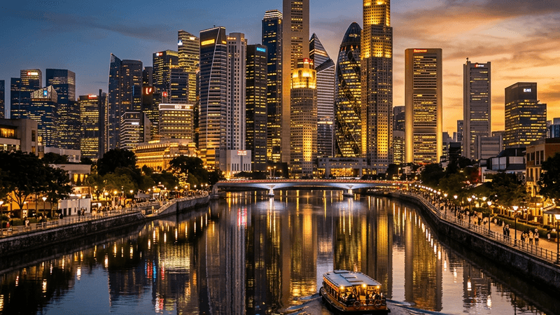 Vibrant city skyline at dusk with illuminated skyscrapers
